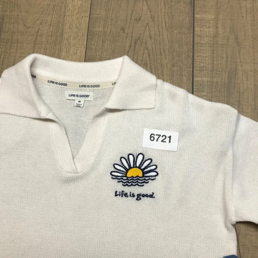 Life is Good Sweater Womens Size M White V-Neck Collared Daisy‎ Flower Pullover